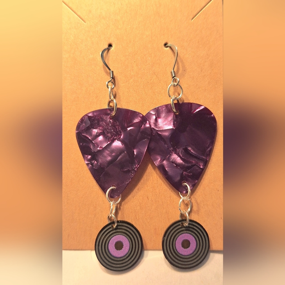 Handmade Purple Retro Style Psychedelic Guitar Pick and Record Earrings